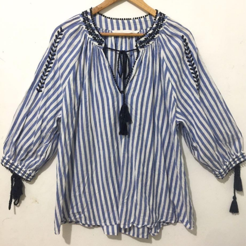 Zara blue and white striped blouse with tassels and embroidery size medium